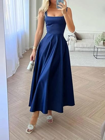 Women's Square Collar Long Low Cut Sleeveless Dress Corset - ANIBEY