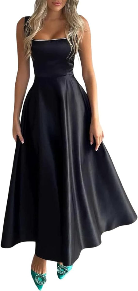 Women's Square Collar Long Low Cut Sleeveless Dress Corset - ANIBEY