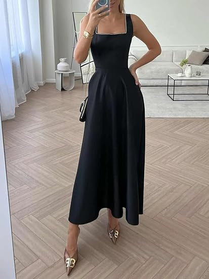 Women's Square Collar Long Low Cut Sleeveless Dress Corset - ANIBEY