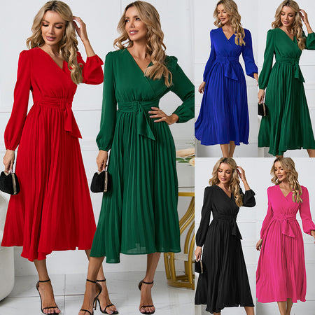 Women's Stylish Temperament Long Sleeves Slim-fit Pleated Belt V-neck Dress - ANIBEY