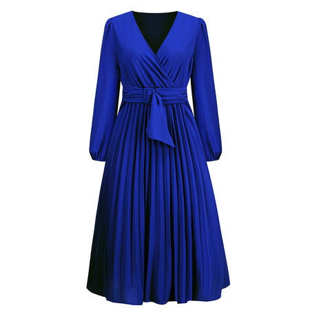 Women's Stylish Temperament Long Sleeves Slim-fit Pleated Belt V-neck Dress - ANIBEY