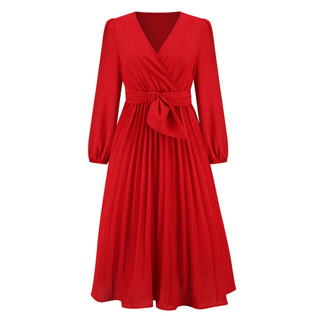Women's Stylish Temperament Long Sleeves Slim-fit Pleated Belt V-neck Dress - ANIBEY