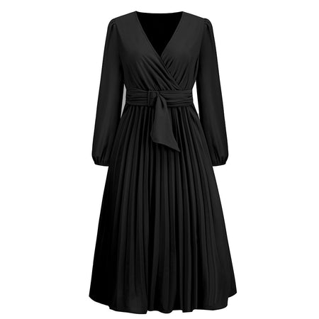 Women's Stylish Temperament Long Sleeves Slim-fit Pleated Belt V-neck Dress - ANIBEY