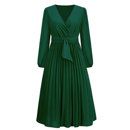 Women's Stylish Temperament Long Sleeves Slim-fit Pleated Belt V-neck Dress - ANIBEY
