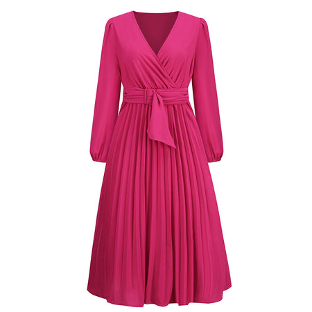 Women's Stylish Temperament Long Sleeves Slim-fit Pleated Belt V-neck Dress - ANIBEY