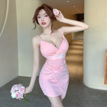 Women's Temperament Irregular Hip Spaghetti Straps Lace Stitching Dress - ANIBEY