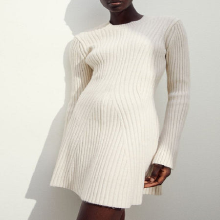 Women's Textured Round Neck Long Sleeve Slim Ribbed Dress - ANIBEY