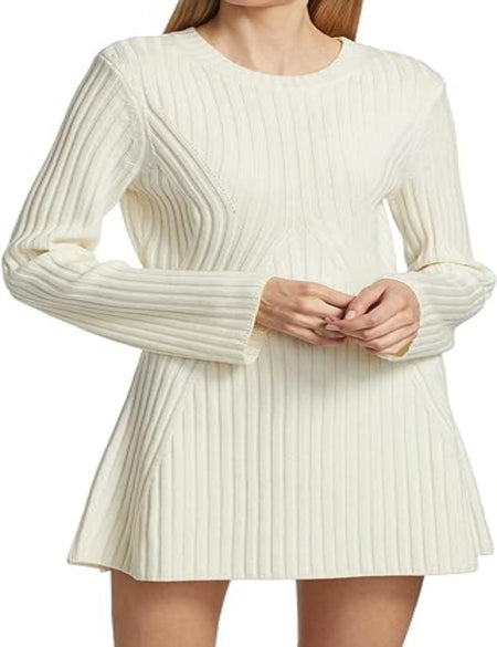 Women's Textured Round Neck Long Sleeve Slim Ribbed Dress - ANIBEY