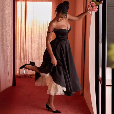 Women's V-neck Brace Sleeveless Dress Puffy Long Dress - ANIBEY