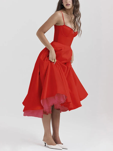 Women's V-neck Brace Sleeveless Dress Puffy Long Dress - ANIBEY