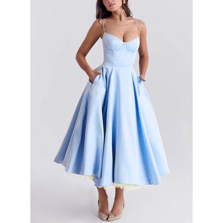 Women's V-neck Brace Sleeveless Dress Puffy Long Dress - ANIBEY