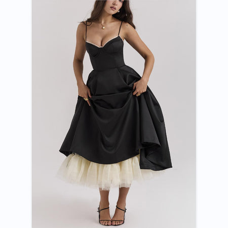 Women's V-neck Brace Sleeveless Dress Puffy Long Dress - ANIBEY