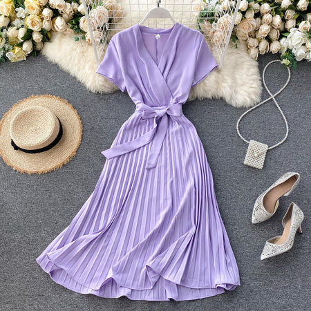 Pure Color V-Neck Pleated Skirt With Waist Waist AndKnee-Length Pleated Skirt - ANIBEY