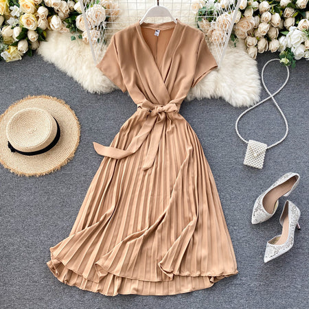 Pure Color V-Neck Pleated Skirt With Waist Waist AndKnee-Length Pleated Skirt - ANIBEY