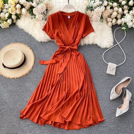 Pure Color V-Neck Pleated Skirt With Waist Waist AndKnee-Length Pleated Skirt - ANIBEY