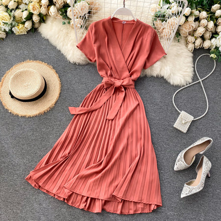Pure Color V-Neck Pleated Skirt With Waist Waist AndKnee-Length Pleated Skirt - ANIBEY