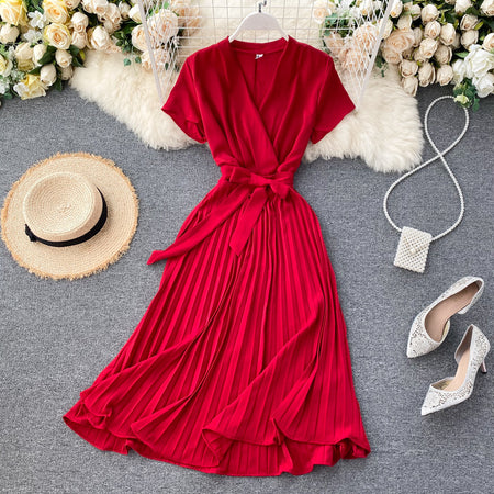 Pure Color V-Neck Pleated Skirt With Waist Waist AndKnee-Length Pleated Skirt - ANIBEY