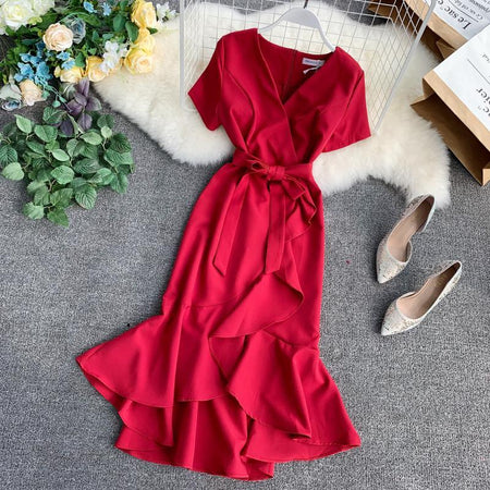 Retro Solid Color V-Line Short-Sleeved High-Waist Lace-Up Front Short And Long Back - ANIBEY