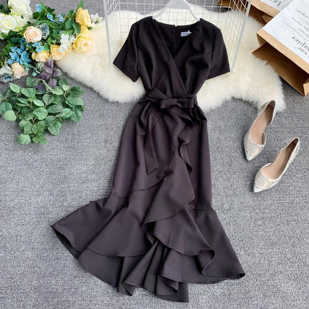 Retro Solid Color V-Line Short-Sleeved High-Waist Lace-Up Front Short And Long Back - ANIBEY