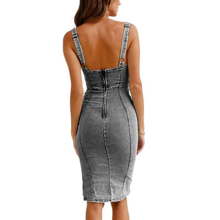 Fashion Sling Split Stretch Denim Dress - ANIBEY