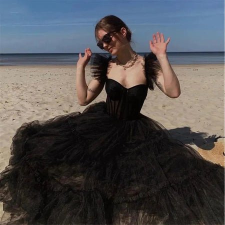 Long Sleeve Transparent Lace Black Wedding Pettiskirt - ANIBEY