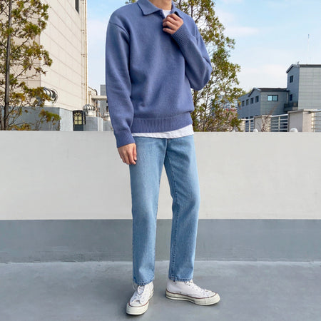 Men's Trendy Solid Color Loose Collared Pullover Sweater - ANIBEY