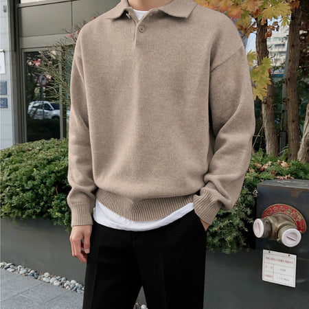 Men's Trendy Solid Color Loose Collared Pullover Sweater - ANIBEY