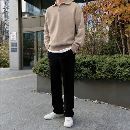 Men's Trendy Solid Color Loose Collared Pullover Sweater - ANIBEY