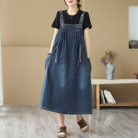 New Live Shot Denim Loose Fitting Korean Version Mid Length Dress For Women - ANIBEY