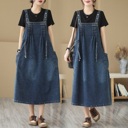 New Live Shot Denim Loose Fitting Korean Version Mid Length Dress For Women - ANIBEY