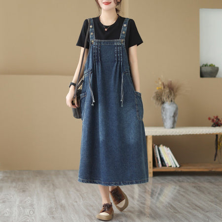 New Live Shot Denim Loose Fitting Korean Version Mid Length Dress For Women - ANIBEY
