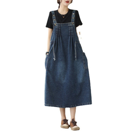 New Live Shot Denim Loose Fitting Korean Version Mid Length Dress For Women - ANIBEY