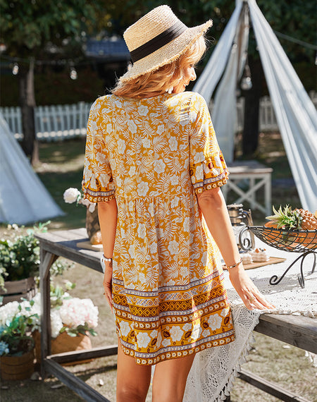 Women Casual Loose Floral Puff Sleeve Summer Dress - ANIBEY