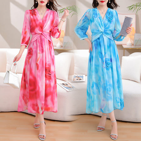 Women's Pleated Chiffon Printed Dress - ANIBEY
