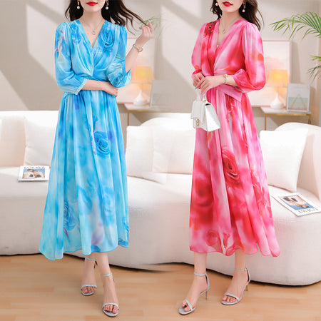 Women's Pleated Chiffon Printed Dress - ANIBEY