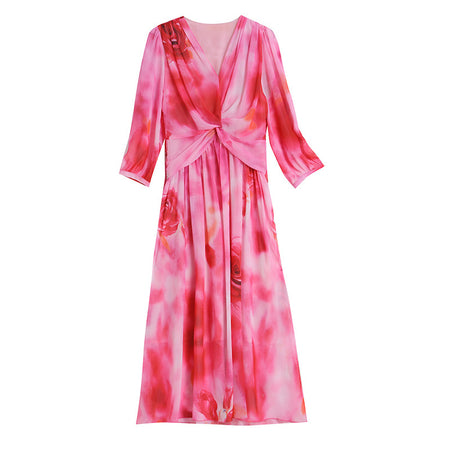 Women's Pleated Chiffon Printed Dress - ANIBEY