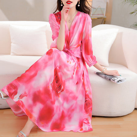 Women's Pleated Chiffon Printed Dress - ANIBEY