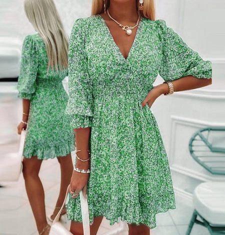 Mid-length Dress Tight Waist Pullover Bohemian Printed Short Sleeve Floral Dress - ANIBEY