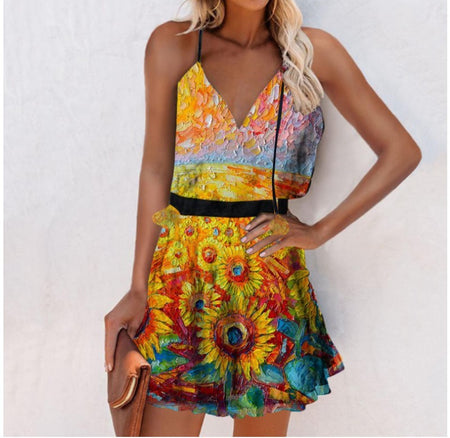 Fashion Short Cross-Border V-Neck Pullover Print Suspender Dress - ANIBEY