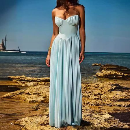 Blue Strapless Slimming Pleated Tight Dress - ANIBEY