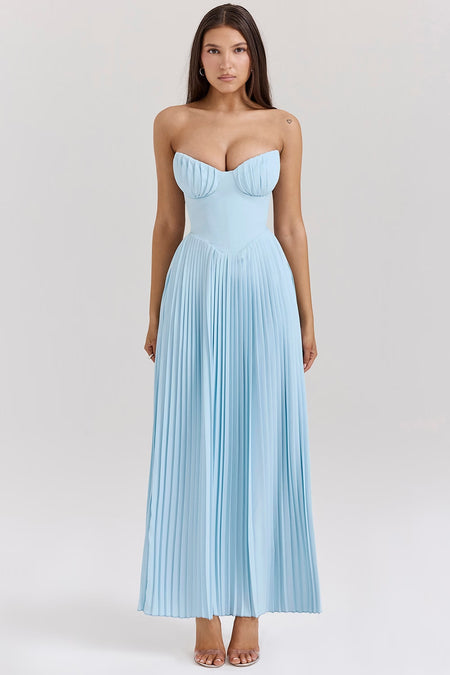 Blue Strapless Slimming Pleated Tight Dress - ANIBEY