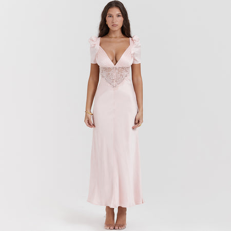 European And American Deep V Lace Stitching Midriff Outfit Long Dress Dopamine Wear - ANIBEY
