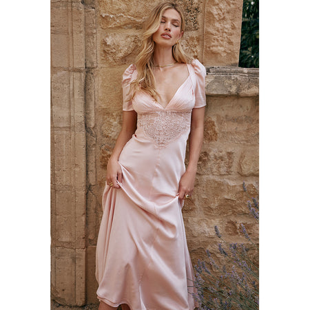 European And American Deep V Lace Stitching Midriff Outfit Long Dress Dopamine Wear - ANIBEY
