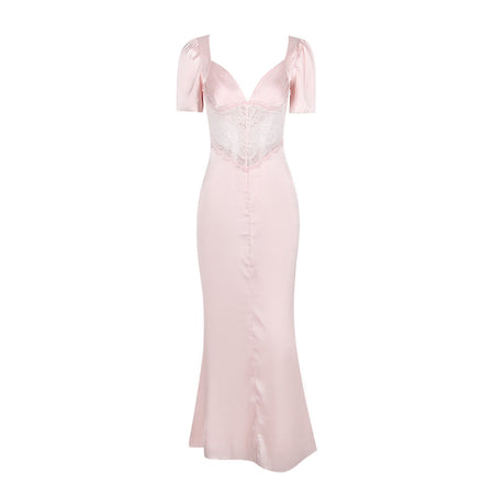 European And American Deep V Lace Stitching Midriff Outfit Long Dress Dopamine Wear - ANIBEY