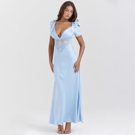 European And American Deep V Lace Stitching Midriff Outfit Long Dress Dopamine Wear - ANIBEY