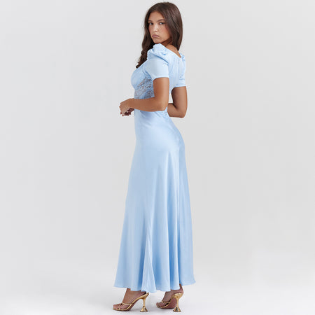 European And American Deep V Lace Stitching Midriff Outfit Long Dress Dopamine Wear - ANIBEY