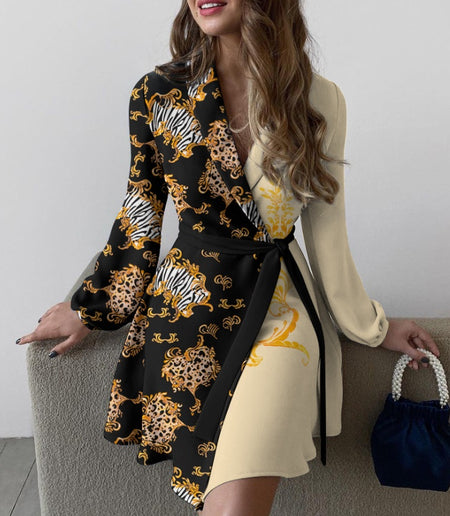 Fashion Sky Blue Long-sleeved Lapel Waist Tie Dress - ANIBEY