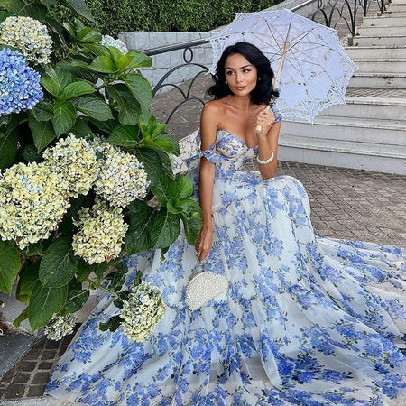 Floral Off-the-shoulder Strap Lace-up Large Swing Skirt Organza Dress - ANIBEY