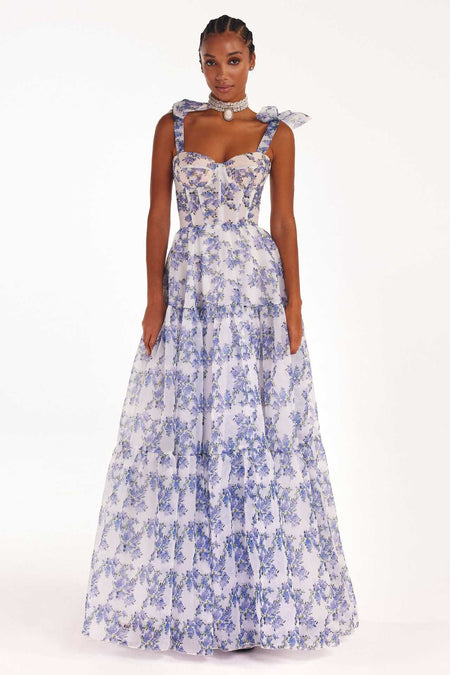 Floral Off-the-shoulder Strap Lace-up Large Swing Skirt Organza Dress - ANIBEY