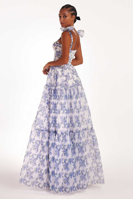 Floral Off-the-shoulder Strap Lace-up Large Swing Skirt Organza Dress - ANIBEY